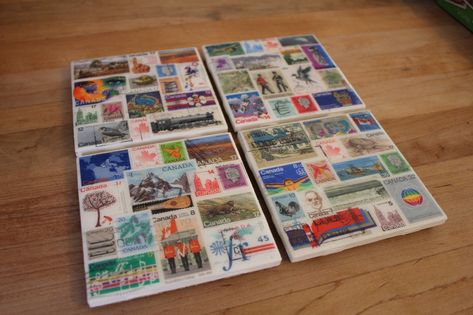 Postage Stamp Coasters | Annie's Appetite Postage Stamps Diy, Postage Stamp Display, Stamp Collection Ideas, Vintage Stamps Postage, Postage Stamps Crafts, Postage Stamps Collage, Wrapping Paper Crafts, Back Room, Postage Stamp Art