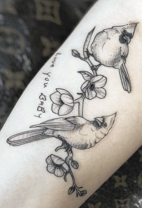 Two Red Cardinal Tattoo, Dogwood And Cardinal Tattoo, Owl And Cardinal Tattoo, Tattoos For Great Grandma, Cardinal And Butterfly Tattoo, Cardinal Tattoo Memorial Black And White, Cardinal Tattoo Black And White, Black And White Cardinal Tattoo, Remembrance Tattoo Ideas