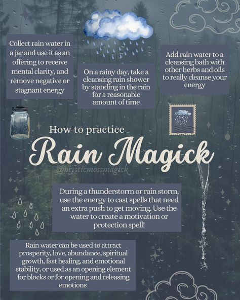 The Magick of rain and storms: Gathering rain water or using the energy of a thunderstorm is not something new to witches. There is a myriad of uses of the water collected from a storm, including cleansing baths, candle dressing, sprays, offerings, boosting spell work and just about anything you can think of. The use of water element connects us to our emotional selves as well as promotes personal and spiritual growth ✨🌧️☔️🌙 . . . #greenwitch #greenwitchcraft #kitchenwitch #kitchenwitchery #h... Spells For Rain, Rain Witch Aesthetic, Rain Water Spells, Storm Witch Spells, Storm Water Witchcraft Uses, Rain Water Witchcraft, Thunder Witch, Water Witch Aesthetic, Witch Resources