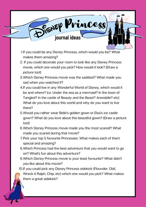 10 Disney Princess Journal Prompts for Kids to Get Them Writing - everyfurthermile Disney Writing Prompts, Fun Journal Prompts, Disney Writing, Creative Journal Prompts, Princess Journal, Journal Prompts For Teens, Writing Activities For Preschoolers, Journal Prompts For Kids, Writing Prompts For Kids