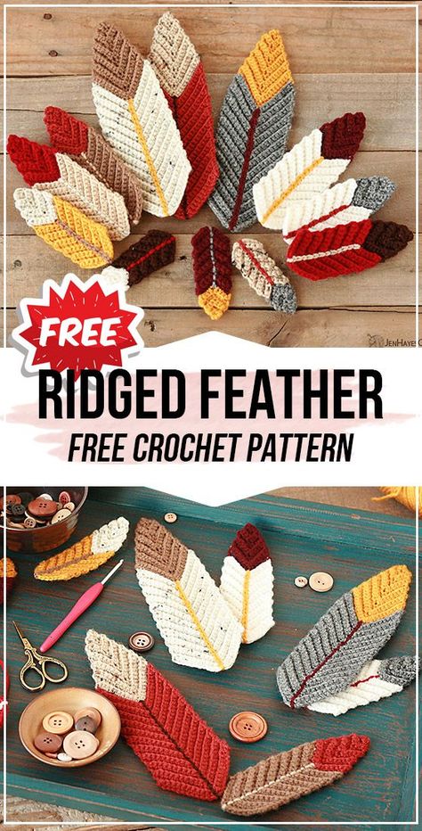 Crocheted Feathers Free Pattern, Feather Knitting Pattern, Free Crochet Fall Patterns, Free Fall Crochet Patterns, Crochet Feathers Free Pattern, Fall Crochet Patterns Free, Feather Crochet, Thanksgiving Crochet Patterns, Marque-pages Au Crochet