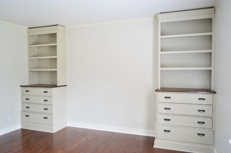 Step by step instructions on how to make built in bookcase/dressers using IKEA Fjell dressers and built-from-scratch bookshelves Fireplace Walls, Bedroom Built Ins, Built In Dresser, Basement Reno, Ikea Dresser, Young House, Shelving Ideas, Young House Love, Built In Bookcase