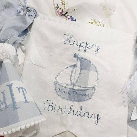 Namesake Celebrations on Instagram: "Did you know our Appliqué Banner now comes in this cute sailboat design? Simply choose the sailboat appliqué shape and your favorite fabric! It’s a darling choice for summertime birthdays! Thanks to our sweet customer @autielee825 for inspiring us to create this design for her son’s first birthday!" Sailboat Birthday Party, Sailboat First Birthday Party, Sailboat Party, Sailboat Birthday, Ribbon Embellishments, Classic Sailboat, Hosting Ideas, Party Hosting, Boy Birthday Party Themes