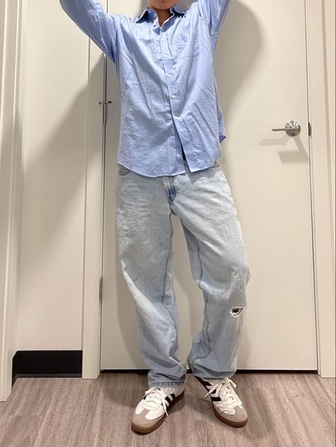 Light Blue Jeans Outfit Men Street Style, Light Blue Spring Streetwear Shirt, Principal Outfits, Light Blue Baggy Jeans Outfit Men, Denim Blue Button-up Jeans For Streetwear, Casual Light Blue T-shirt For Streetwear, Oxford Shirt Outfit, Long Socks Outfit, Clothes Essentials