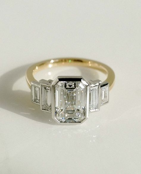 Frank Darling Custom Rings | Steps of step cuts 🌆⁠ ⁠ Emeralds and tapered baguettes are a classic art-deco-inspired engagement ring stone pairing, but we get a special … | Instagram Wedding Ring Art Deco, Art Deco Baguette Ring, Art Deco Emerald Cut Engagement Ring, Moissanite Engagement Ring Emerald Cut, Moissanite Engagement Ring Emerald, Engagement Ring Stone, Wedding Stack, Frank Darling, Engagement Ring Emerald Cut