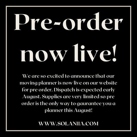 We are so excited to announce that our first product, our moving planner, is finally ready for release! Pre-order is now open with stock expected early August. Our stock for our first launch is very limited so purchasing our pre-order is the only way to guarantee a planner through our August drop. If you have any questions at all surrounding our planner or the pre-order process you can drop us a DM or email us at hello@solaniia.com Thank you for your ongoing support 🤍✨ . . . #newbusiness... Moving Planner, Home Planner, New Bus, Now Open, The Only Way, Support Small, So Excited, Pre Order, Product Launch