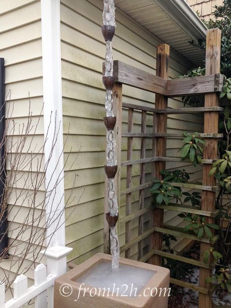 Want to know what rain chains are? Or how they are installed? Or why you would want one?  Or where the water goes?  Find out here. How To Make A Rain Chain, Rain Chain Diy, Rain Chain Garden, Downspout Drainage, Landscaping Border, Gutter Drainage, Rain Catcher, Copper Rain Chains, Rain Chains