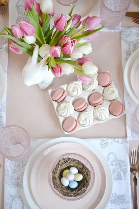 SET A CASUAL BLUSH-PINK EASTER TABLESCAPE Pink Easter Aesthetic, April Homescreen, Easter Aesthetics, Romy Victory, Easter Bunny Rolls, Easter Luncheon, Easter Aesthetic, Lauren Aesthetic, Easter Entertaining