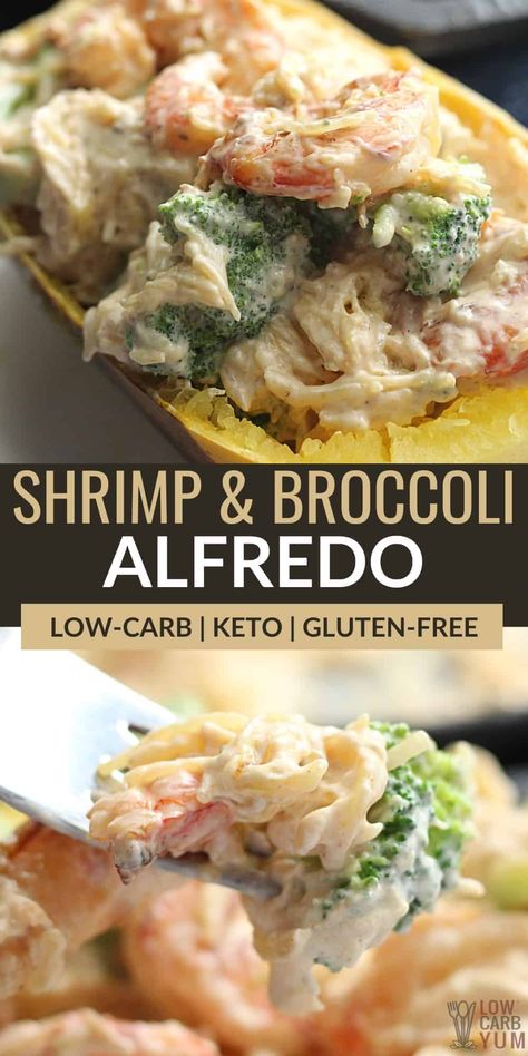 No need to miss pasta on a low carb diet with this tasty broccoli shrimp spaghetti squash Alfredo. And, it's quick and easy to prepare. Shrimp Spaghetti Squash, Shrimp Broccoli Pasta, Shrimp Broccoli Alfredo, Broccoli Shrimp, Alfredo With Broccoli, Broccoli Spaghetti, Spaghetti Squash Alfredo, Squash Alfredo, Keto Spaghetti