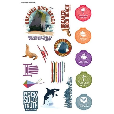 Transform ordinary items like water bottles, laptops, and notepads with these VBS 2024 Theme Stickers. They can be used during crafts and sent home as favors for your kids! Delivered on 4" x 6" sheets. Additional Resources:VBS 2024 Name TagsVBS 2024 Logo Iron-onVBS 2024 Sticker Name Tags At Breaker Rock Beach VBS, kids will be challenged as they discover that Gods truth never changes, everyone needs Jesus, and learn to speak the truth in love. Adventure awaits each day as kids explore tide pools, spot orcas, fly kites, and watch the mighty waves crash up against the immovable Breaker Rock! Kids love stickers! VBS Theme Stickers are great for crafts, notes, letters, and much more fun. Each 4 x 6 sticker sheet contains an assortment of stickers in different sizes. Package of 10 Speak The Truth In Love, Breaker Rock Beach Vbs, Breaker Rock Beach, Ocean Vbs, Beach 2024, Beach Stickers, Lifeway Vbs, 2024 Logo, Beach Mural