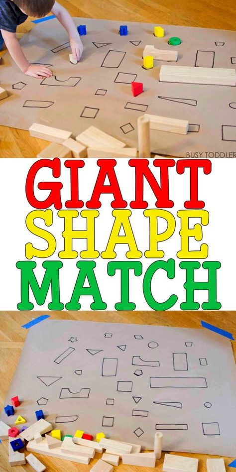 GIANT SHAPE MATCH: Check out this awesome indoor math activity for toddlers and preschoolers; an awesome rainy day activity; quick and easy to set up; easy toddler activity; easy preschool activity; diy math activity Math Activities For Toddlers, Aktiviti Tadika, Easy Math Activities, Toddler Math, Rainy Day Activity, Maluchy Montessori, Activity For Toddlers, Easy Toddler Activities, Toddler Activity