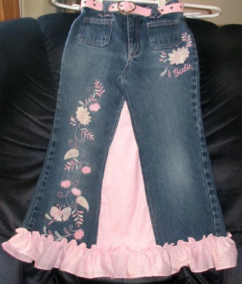 Upcycled Barbie Skirt Girls Size 6X by TwoCottageChicks on Etsy, $17.00 Barbie Skirt, Diy Denim Skirt, Upcycled Skirt, Jeans Refashion, Denim Crafts Diy, Blue Jeans Crafts, Buy Clothes Online, Denim Projects, Repurposed Clothing