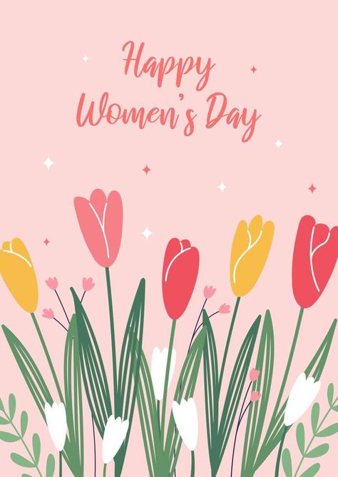 Happy Women's Day. Beauty  greeting card with floral background with tulips and spring flowers. Cute festive vector illustration for the celebration of March 8th. Happy 8th March, Happy 8 Of March, 8th March Card, March 8 Womens Day Cards, 8th March Women's Day Card, Cards For 8 March, 8march Women Day, 8 March Illustration, Happy 8 March