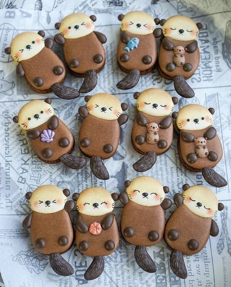 Otter Birthday, Dark Chocolate Ganache, Macaron Cookies, Macaroon Recipes, Very Cute Dogs, French Macarons, Cute Cookies, Birthday Cookies, Cookie Cake