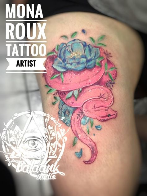 #snake #flower #pink #blue #girlytattoo #somosbalaank #citas5523275497 #MonaRoux Pink Snake Tattoo, Girly Snake Tattoo, Snake Tattoo Color, Flower And Snake Tattoo, Snake And Flowers Tattoo, Snake And Flowers, Pastel Tattoo, Snake Flower, Arm Tats