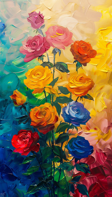 Oil Paint Rainbow Long Stem Roses Rainbow Flower Painting, Color Wheel Projects, Flowers Rainbow, Long Stem Roses, Painted Rainbow, Rainbow Roses, Vibrant Flowers, Colored Pencil Drawing, Vibrant Flower