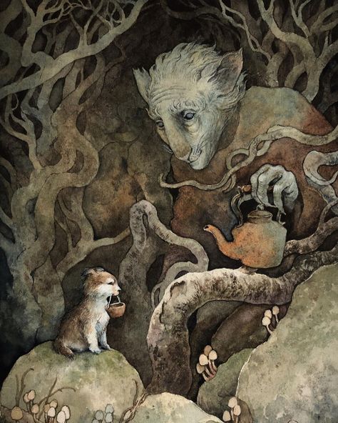 Lily Seika Jones on Instagram: “‘Little Wolf Pup’ (sold) • 5 x 7” • watercolour • I love stories where various creatures pop out of nowhere as the protagonist attempts to…” Wolf Pup, Animals And Plants, Art Mignon, Fairytale Illustration, Forest Creatures, Fairytale Art, Art Et Illustration, Arte Fantasy, Pop Out