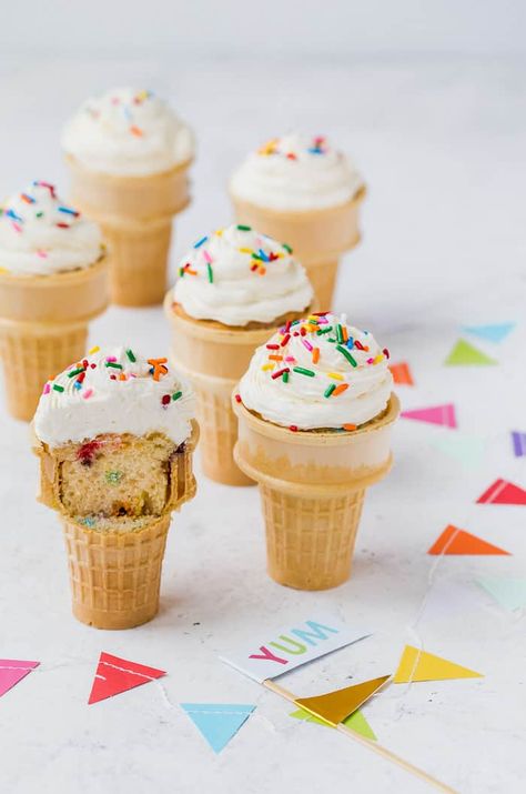 Funfetti ice cream cone cupcakes will be your new favorite summer treat! Fluffy, moist vanilla cupcakes are baked in ice cream cones and topped with whipped vanilla bean frosting. Funfetti Ice Cream, Cupcake Ice Cream Cones, Moist Vanilla Cupcakes, Vanilla Bean Frosting, Cone Cupcakes, Ice Cream Cone Cupcakes, Cupcake Cones, Ice Cream Cupcakes, Ice Cream Birthday Party