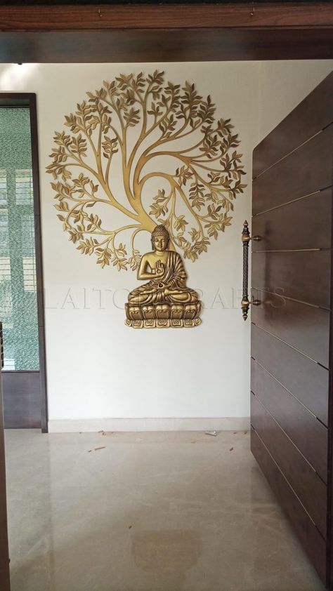 Buddha Wall Mural, Modern Living Room Ceiling, Brass Railing, Wall Mural Design, Buddha Wall Decor, Doors Handles, Buddha Home Decor, Partition Designs, Main Doors