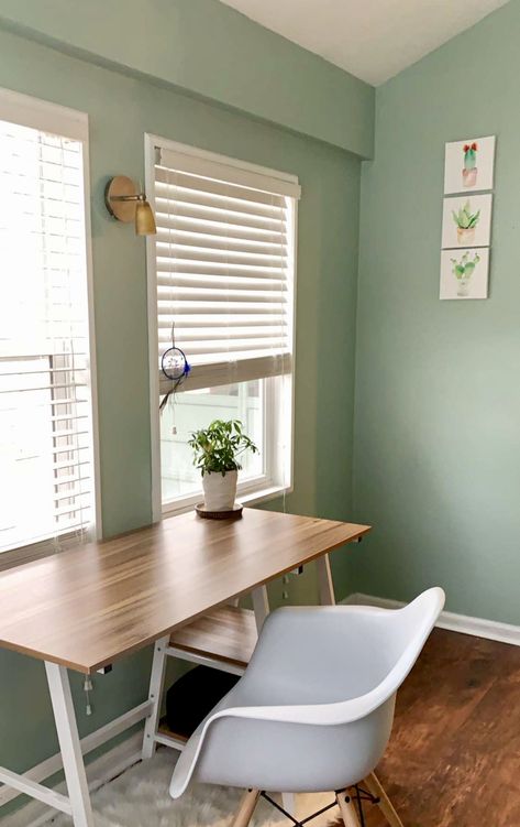 Home Office Cactus green sage white plant home rug white fur chair desk paint minimal Sage Green Bedroom Desk, Sage Color Office, Safe Green Office, Green Walls Office Space, Sage Green And White Home Office, Green And Cream Office, Sage Green Study Room, Sage Green Desk Chair, Seafoam Green Office