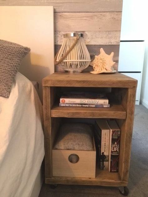 Scaffolding Furniture, Floating Nightstand Ideas, Reclaimed Wood Bedside Table, Wooden Bed Side Table, Scaffold Furniture, Wood Night Table, Modern Floating Nightstand, Homemade Beds, Nightstand Ideas