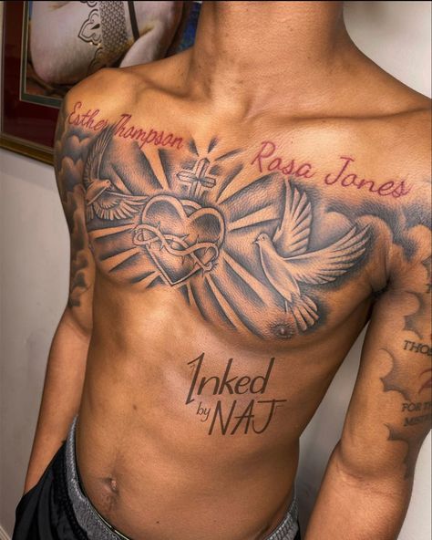 Good Chest Tattoos For Men, Chest Shading Tattoo, Men Cheat Tatoos, Men's Tattoo Ideas Chest, Cloud Chest Tattoo Men, No Love Tattoo Men, Men's Chest Tattoo Ideas, Half Chest Tattoo Men, Tattoo Clouds Shading