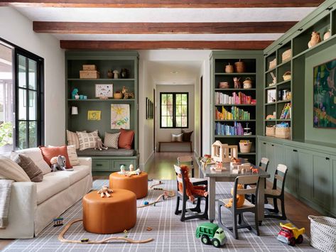 Rancho Santa Fe - Mindy Gayer Design Co. Den Family Room, Santa Fe House Style, High End Playroom, Playful Family Room, Formal Living Room Playroom Combo, Playroom Craft Room, Toddler Friendly Family Room, Classic Playroom Ideas, Family Room No Tv