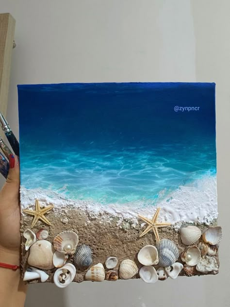 Canvas Art With Seashells, Beach Mixed Media Art, Beach Painting With Shells, Seashell Painting On Canvas, Diy Beach Wall Art, Shell Paintings On Canvas, Sea Shell Crafts Seashell Art Ideas, Seashell On Canvas, What To Do With Shells From The Beach