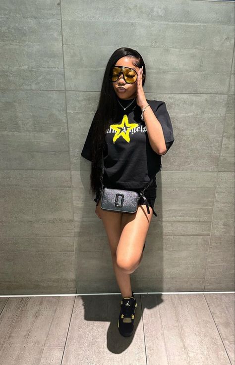 Jordan 4 Outfits Black Women, Outfits For Thunder 4s, Black And Yellow Shoes Outfit, Retro Thunder 4s Outfit, Thunder 4s Jordans Outfit Girl, Outfit Inspo Black Women Summer, Space Jam 11 Outfit, Black And Yellow Thunder 4s Outfit, Thunder 4s Jordans Outfit Yellow