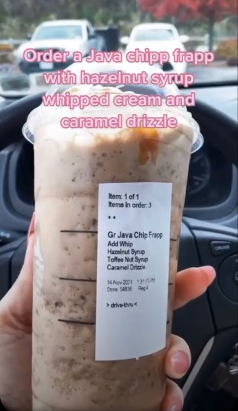 Java Chipp Frappuccino with hazel nut syrup, add whipped cream and add caramel drizzle 🖤 How To Make Starbucks Java Chip Frappuccino, Hazle Nut, Chocolate Chip Starbucks Frap, Starbucks Double Chocolate Chip Frappuccino Recipe, Java Chip Frappuccino Recipe, Starbucks Java Chip Frappuccino, Java Chip Frappuccino, Starburst Drink, Hazel Nut