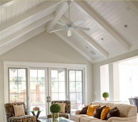 Installing new wood ceiling with rafters exposed - Fine Homebuilding Rafter Ceiling, Traditional Living Room Designs, Elegant Traditional Living Room, Colonial Home Interior, Traditional Design Living Room, Shiplap Ceiling, Exposed Rafters, White Beams, Powder Room Decor