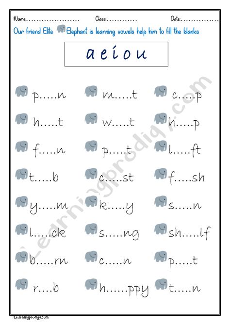 Vowels – a,e,i,o,u are the vowels.  Using this as clue fill the blanks with the correct vowels.  Easy English worksheet to learn vowels for preschoolers kids. . . . Explore learningprodigy.com for more worksheets. A E I O U Worksheet, English Vowels, Alphabet Practice Worksheets, English Grammar Quiz, Free Printable Puzzles, Summer Worksheets, English Worksheets For Kindergarten, Vowel Worksheets, Grammar Quiz