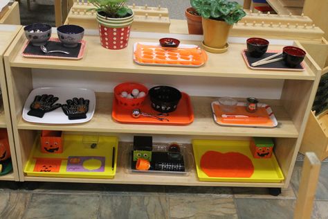 Halloween themed practical life shelves x 2 Halloween Montessori Practical Life, Life Activities, Practical Life Activities, Theme Words, Montessori Practical Life, Home Daycare, Montessori Classroom, Fall Theme, Practical Life