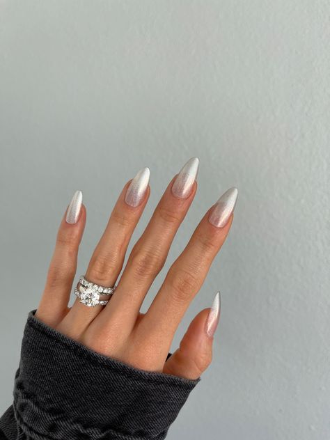 Subtle Metallic Nails, Silver Tip Ombre Nails, Platinum Silver Nails, Silver Irridescent Nails, Trendy Clear Nails, Silver Chrome Oval Nails, Sheer Silver Nails, Glass Slipper Nails, Silver Holo Nails