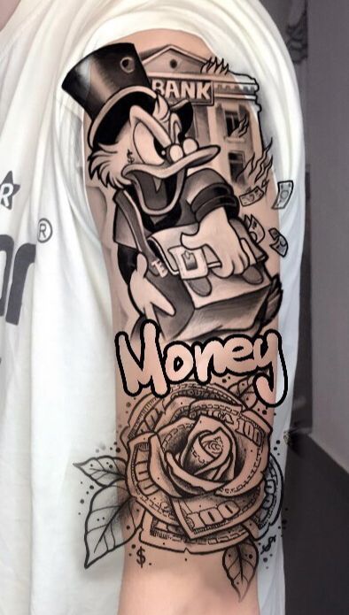 Chicano Tattoos Sleeve For Men, Donald Duck Tattoo Gangsta, Money Maker Tattoo, Scrooge Mcduck Tattoo, Arm Tattoos Black, Cartoon Tattoo Ideas, Dagobert Duck, Character Tattoos, Animated Shows