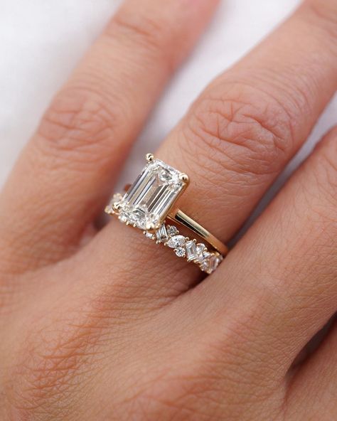 The Engagement Specialists on Instagram: “The new girl in the shop: The Mixed Diamond Band. Similar to our best selling multi-shape diamond band but we added delicious baguette…” Solitaire Engagement Ring With Unique Band, Mixed Shape Diamond Band, Baguette Engagement Ring With Band, It Girl Engagement Ring, Baguette Wedding Band With Solitaire, Engagement Stacking Rings, Baguette Engagement Rings, Wedding Band With Emerald Engagement, Emerald Cut Engagement Ring Stack