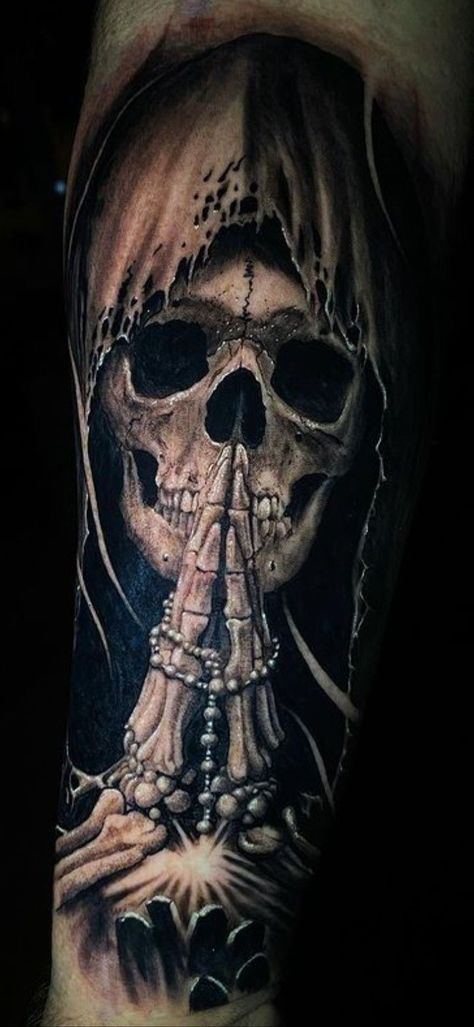 Grim Reaper Tattoo Sleeve, Reaper Tattoos For Men, Outer Bicep Tattoos, Santa Muerte Tattoo, Dark Angel Tattoo, Calf Sleeve Tattoo, Calf Tattoo Men, Bicep Tattoo Men, Pocket Watch Tattoos