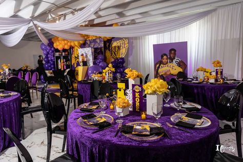 Lakers Centerpieces Party Ideas, Lakers Baby Shower Theme, Lakers Birthday Party Decoration, Lakers Birthday Party Ideas, Lakers Themed Birthday Party, Lakers Birthday Party, Lakers Party, Bae Birthday, Nike Party