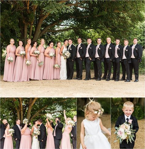 Pink Bridesmaids Dress and Black Suits | Maddie Peschong Photography Dusty Rose Bridesmaid Dress Groomsmen, Black And Blush Groomsmen Attire, Groomsmen Attire Black And Pink, Wedding Colors With Black Suits, Black And Pink Groomsmen, Black And Pink Bridal Party, Black And Dusty Pink Wedding, Dusty Pink Groomsmen Attire, Blush Pink Groomsmen Attire