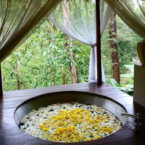 Flower Bath Aesthetic, Onsen Aesthetic, Earthy Bathroom Decor, Bali Photo Ideas, Hades Cabin, Asia Nature, Vacation Views, Bali Yoga Retreat, Bali Outfits