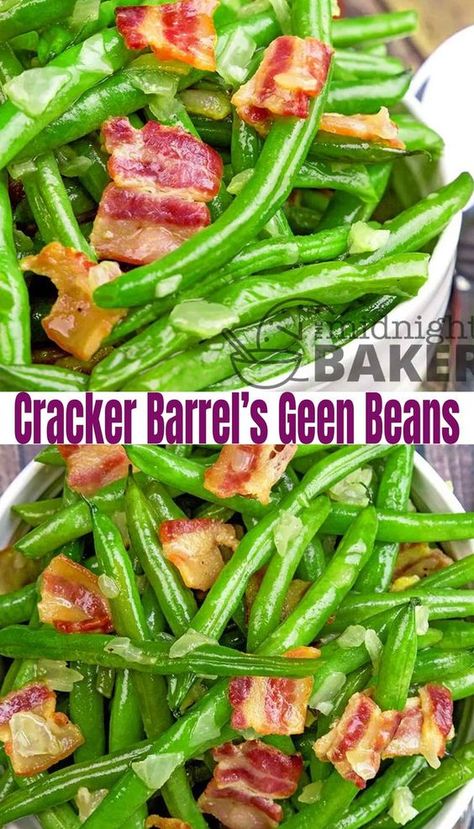 How do you make Green Beans taste even better? Add BACON to it! Perfect as a Thanksgiving side dish. This is the same green beans recipe you get at Cracker Barrel! It's so easy to make at home and made with very simple ingredients. Less than 10 ingredients and ready in just 30 Minutes! Cracker Barrel Green Beans, Cracker Barrel Green Beans Recipe, Cracker Barrel Restaurant, Copycat Cracker Barrel, Campbells Recipes, Green Bean Casserole Easy, Green Beans Recipe, Thanksgiving Side Dish, Popular Side Dishes