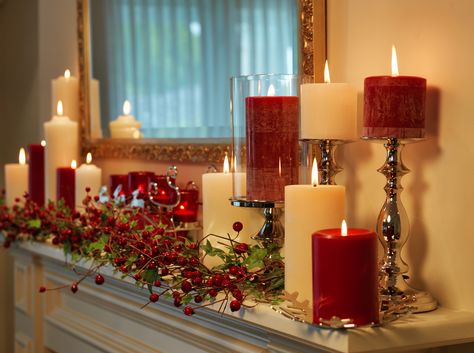 Gorgeous Mantle Setting in traditional red and white or change colors for different holidays Diy Christmas Fireplace, Christmas Candle Decorations, Christmas Mantle Decor, Christmas Fireplace Decor, Christmas Mantel, Christmas Tablescape, Christmas Mantel Decorations, Christmas Mantle, White Christmas Decor