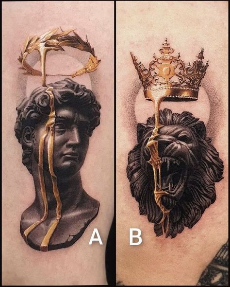 Tattoos With Gold Ink, Black And Gold Tattoo Design, Gold And Black Tattoo, Gold Ink Tattoo, Black And Gold Tattoo, Gold Tattoo Ink, Golden Tattoo, Statue Tattoo, Gold Tattoo