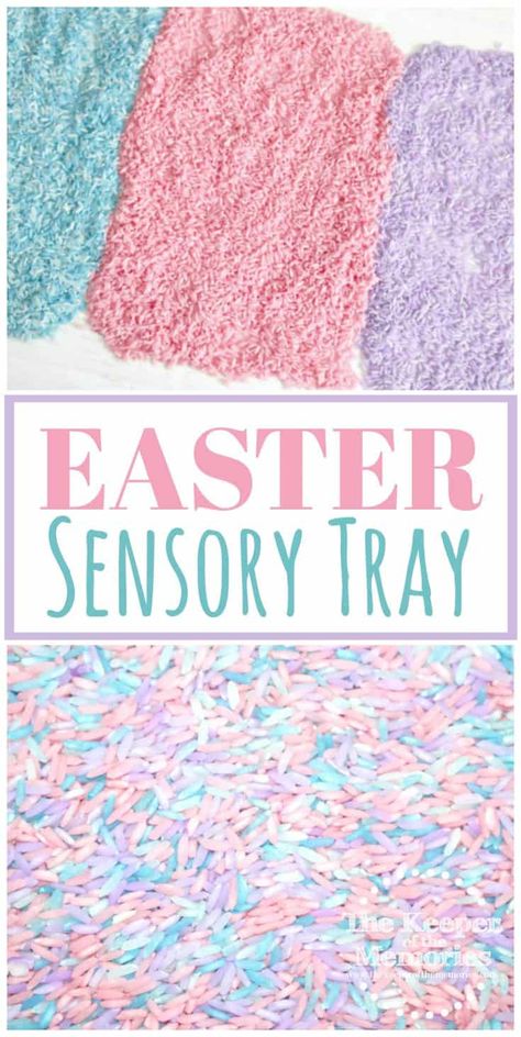 Make a colorful sensory tray Easter activity for little kids! Dyed rice in pastel colors makes this fun tray a hit with preschoolers! Add a few cups and spoons and let them explore to their heart's content. You're definitely going to want to try it out! #easter #preschool #sensory Dyed Rice, Easter Sensory, Easter Activities For Toddlers, April Preschool, Toddler Math, Preschool Sensory, Sensory Tray, Easter Week, Easter Wood Crafts