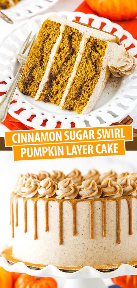 Pumpkin Swirl Cake, Pumpkin Layer Cake, Moist Pumpkin Cake, Life Love And Sugar, Cinnamon Icing, Cinnamon Cream Cheese, Swirl Cake, Cinnamon Cream Cheese Frosting, Pumpkin Cake