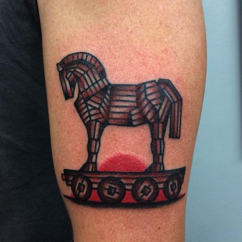 Tom Burrey on Instagram: “Trojan Horse for Luke. @rockofageslennoxhead tomburrey@hotmail.com for bookings. #traditionaltattoo #realtraditional #blacktoptattooing…” Trojan Horse Tattoo, Traditional Tattoo Horse, Tattoo Horse, Trojan Horse, Greek Myth, Horse Tattoo, Traditional Tattoos, Greek Myths, Traditional Tattoo