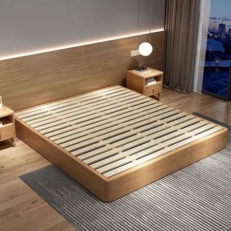 Wood Platform Bed King, Nordic Platform Bed, Low King Size Bed, Bed Base Ideas, Bed Without Legs, Bed Without Frame, Japanese Bed Frame, Affordable Bed Frames, Pallet Bed Frame Diy