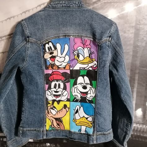 Disney Denim Jacket Painted, Painted Disney Jacket, Disney Painted Jean Jacket, Disney Jean Jacket, Disney Denim Jacket, Denim Jacket Diy Paint, Jacket Painting, Painted Jean Jacket, Customised Clothes