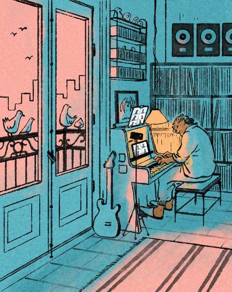 Luis Mendo on leaving behind design for drawing – and not leaving the house | Creative Boom Arte Jazz, Arte Peculiar, City Drawing, Sketchbook Drawings, Blue Door, Art And Illustration, Love Drawings, Editorial Illustration, New Yorker