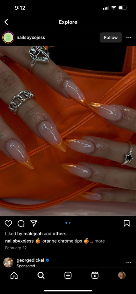 Orange Chrome Tip Nails, Orange Chrome Tips, Orange French Chrome Nails, Orange Chrome Almond Nails, Orange French Tip Chrome, Orange Glitter French Tip Nails, Orange And Black French Tip Nails, Orange Metallic Nails, Orange Chrome Acrylic Nails